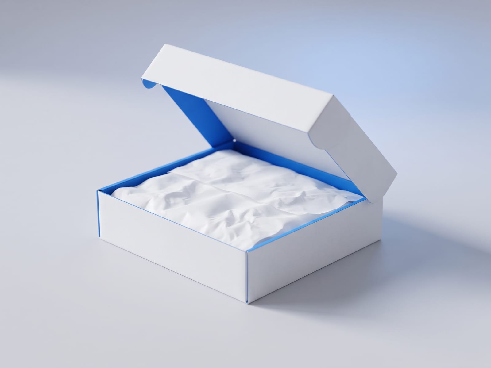 An open white order box with blue lining